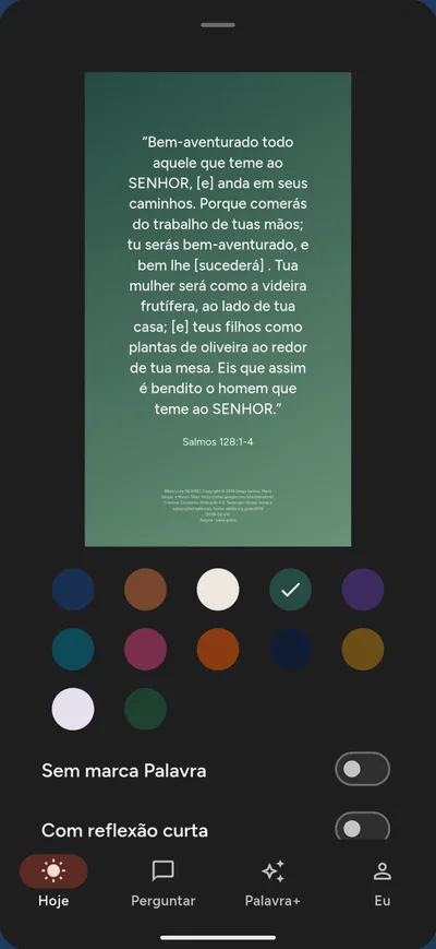 Cartão com versículo pronto para compartilhar, com escolha de cor de fundo