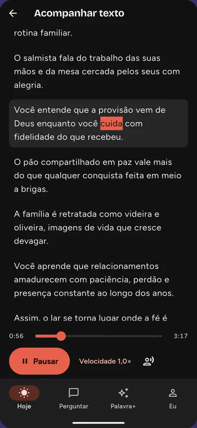 Tela do devocional sendo lido em voz alta, com a palavra atual destacada